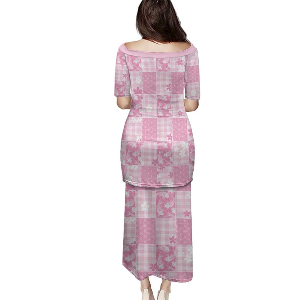 Pink Palaka Japanese Patterns Family Matching Puletasi and Hawaiian Shirt Koi Fish Asanoha Sakura Patchwork Stylized - Polynesian Pride
