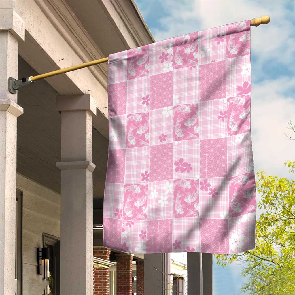 Pink Palaka Japanese Patterns Garden Flag Koi Fish Asanoha Sakura Patchwork Stylized - Polynesian Pride