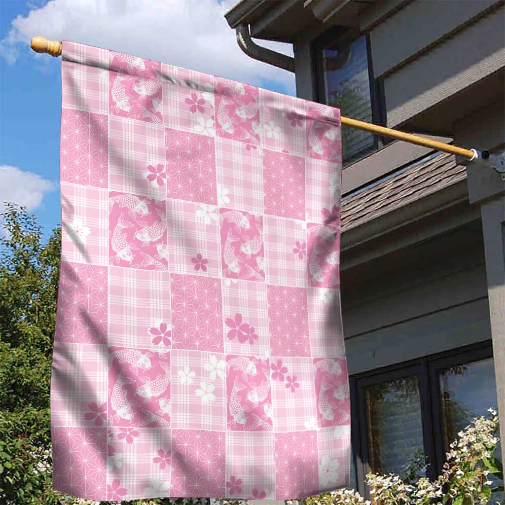 Pink Palaka Japanese Patterns Garden Flag Koi Fish Asanoha Sakura Patchwork Stylized - Polynesian Pride