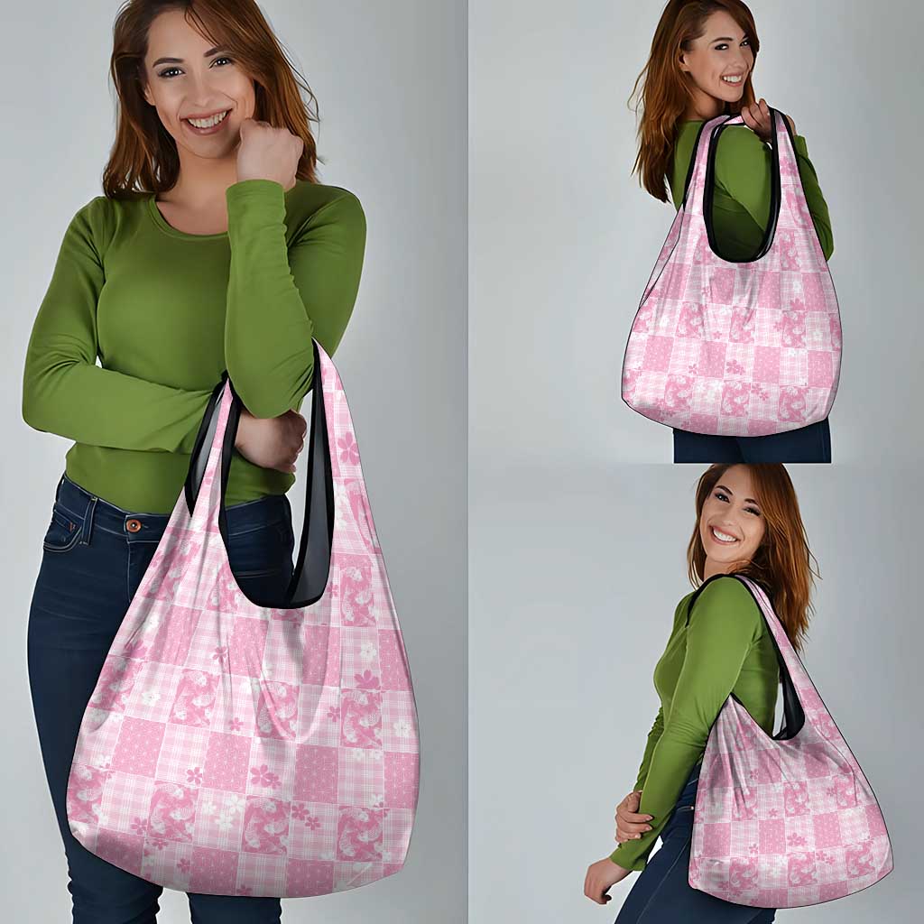 Pink Palaka Japanese Patterns Grocery Bag Koi Fish Asanoha Sakura Patchwork Stylized - Polynesian Pride