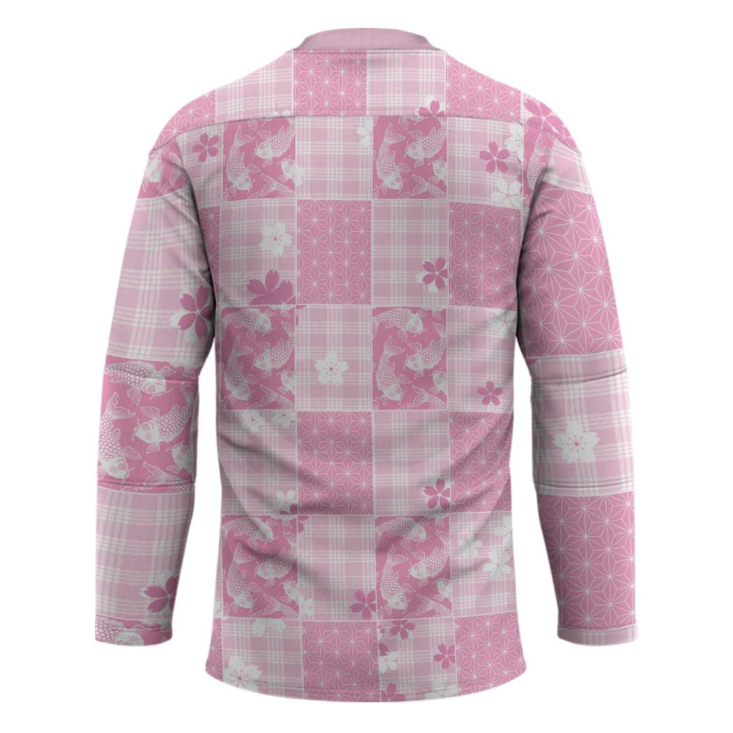 Pink Palaka Japanese Patterns Hockey Jersey Koi Fish Asanoha Sakura Patchwork Stylized - Polynesian Pride