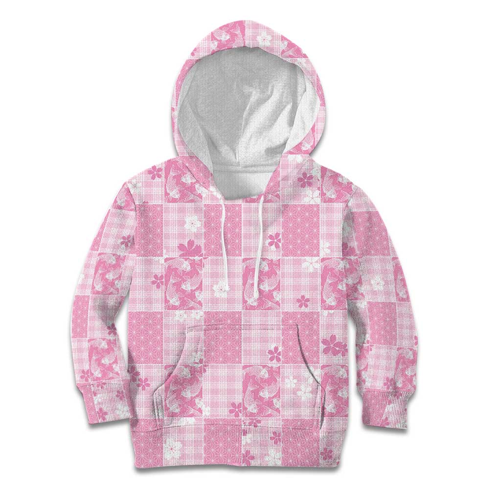 Pink Palaka Japanese Patterns Kid Hoodie Koi Fish Asanoha Sakura Patchwork Stylized - Polynesian Pride