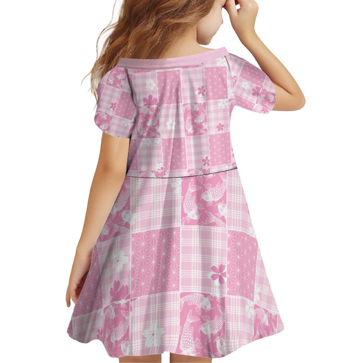 Pink Palaka Japanese Patterns Kid Short Sleeve Dress Koi Fish Asanoha Sakura Patchwork Stylized - Polynesian Pride