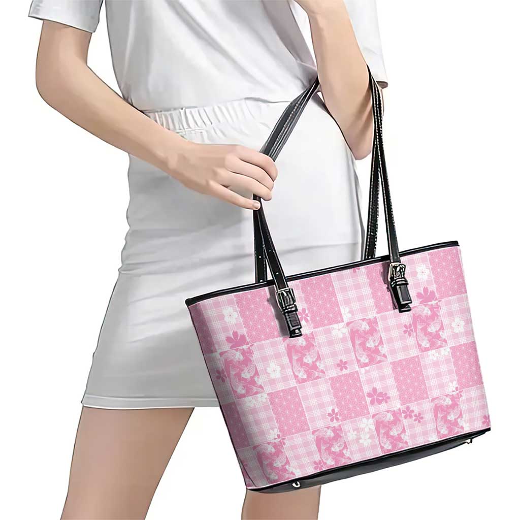 Pink Palaka Japanese Patterns Leather Tote Bag Koi Fish Asanoha Sakura Patchwork Stylized - Polynesian Pride