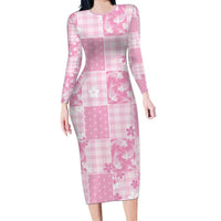 Pink Palaka Japanese Patterns Long Sleeve Bodycon Dress Koi Fish Asanoha Sakura Patchwork Stylized LT14 Long Dress Pink - Polynesian Pride