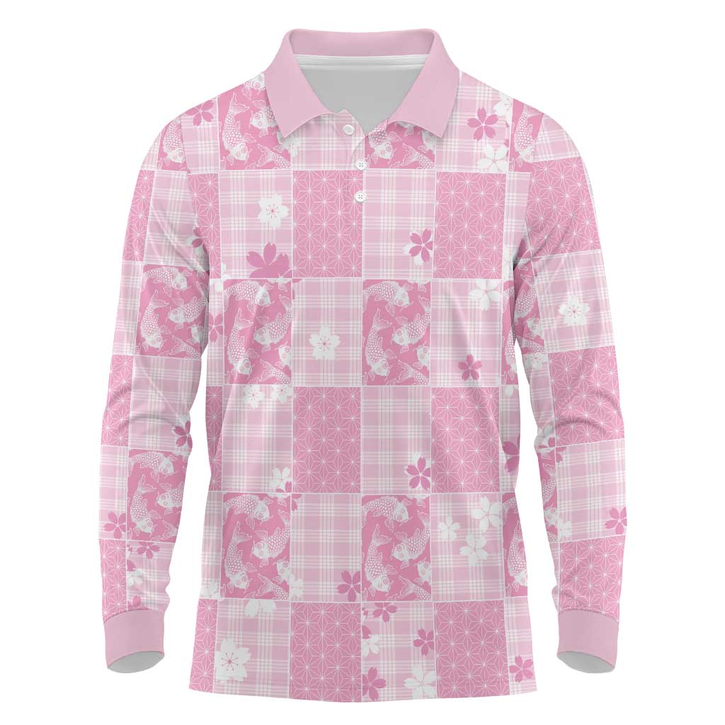 Pink Palaka Japanese Patterns Long Sleeve Polo Shirt Koi Fish Asanoha Sakura Patchwork Stylized LT14 Pink - Polynesian Pride