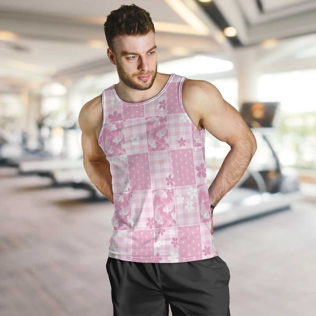 Pink Palaka Japanese Patterns Men Tank Top Koi Fish Asanoha Sakura Patchwork Stylized - Polynesian Pride