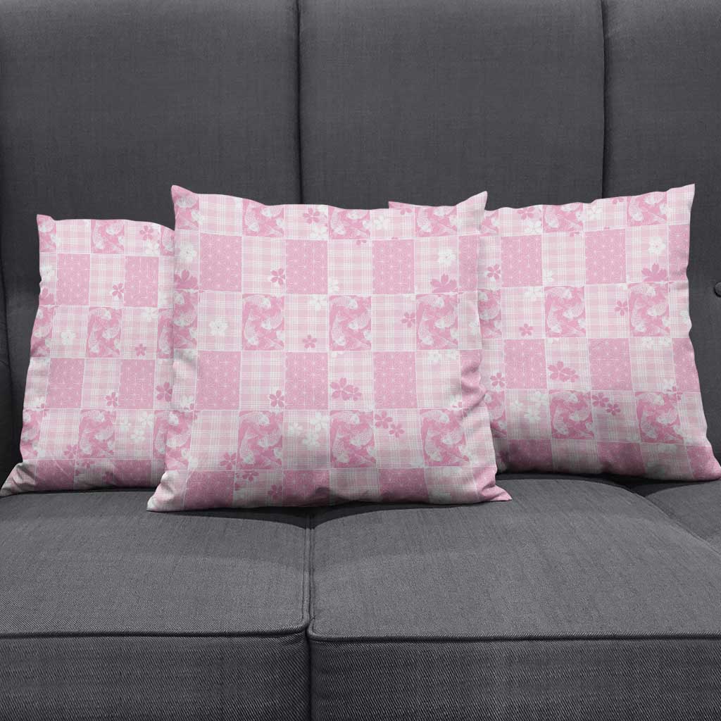 Pink Palaka Japanese Patterns Pillow Cover Koi Fish Asanoha Sakura Patchwork Stylized - Polynesian Pride