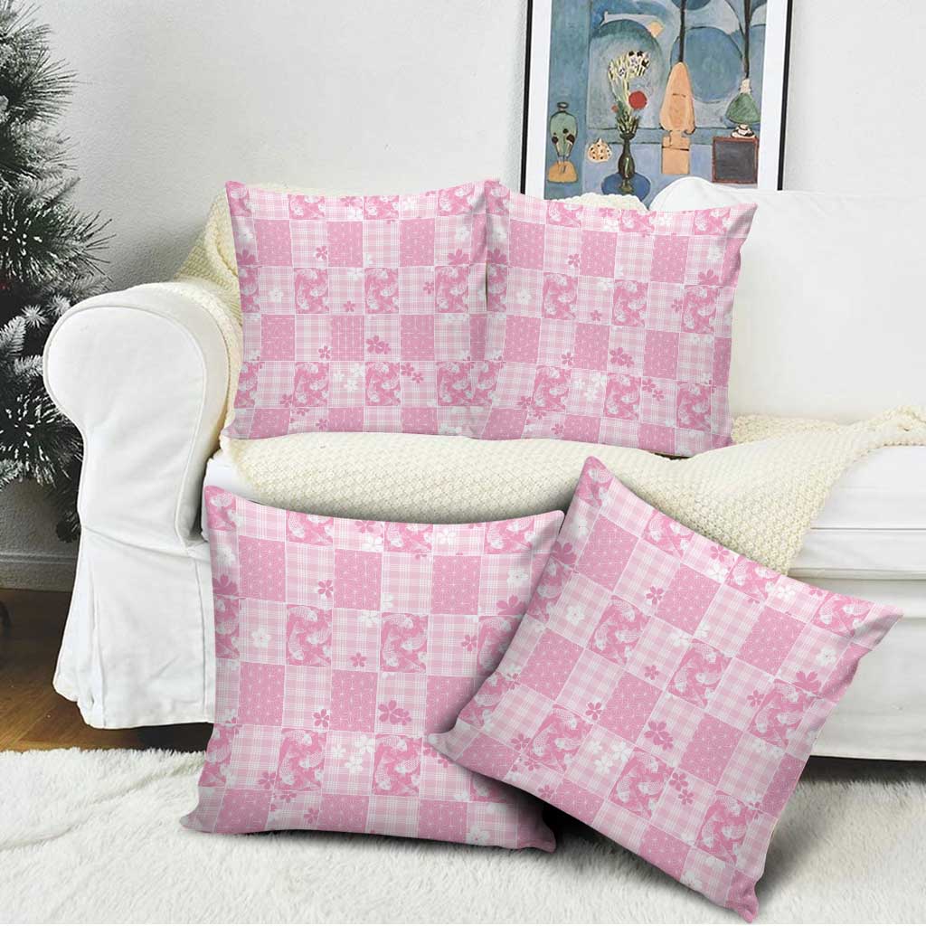 Pink Palaka Japanese Patterns Pillow Cover Koi Fish Asanoha Sakura Patchwork Stylized - Polynesian Pride