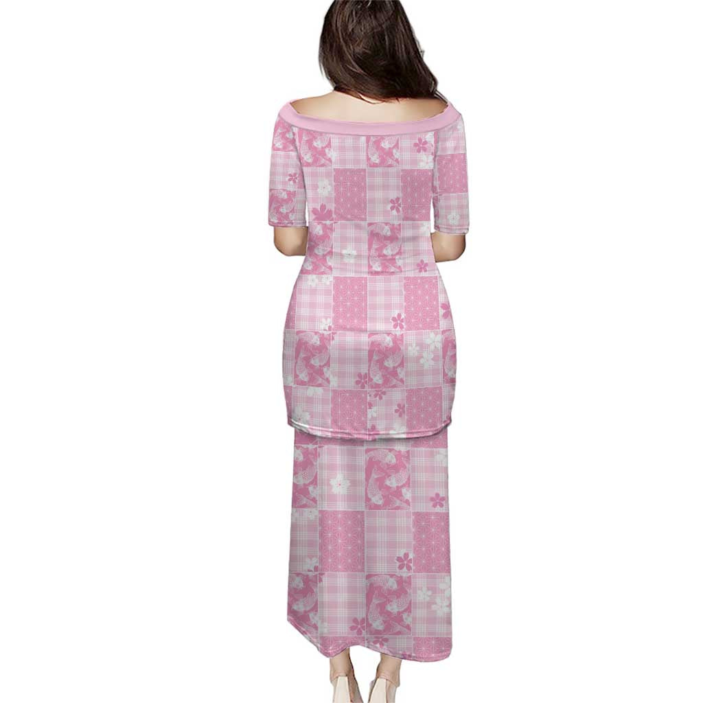 Pink Palaka Japanese Patterns Puletasi Koi Fish Asanoha Sakura Patchwork Stylized - Polynesian Pride