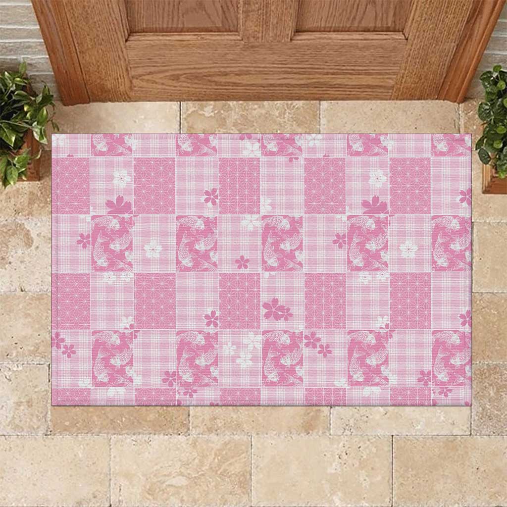 Pink Palaka Japanese Patterns Rubber Doormat Koi Fish Asanoha Sakura Patchwork Stylized LT14 Pink - Polynesian Pride