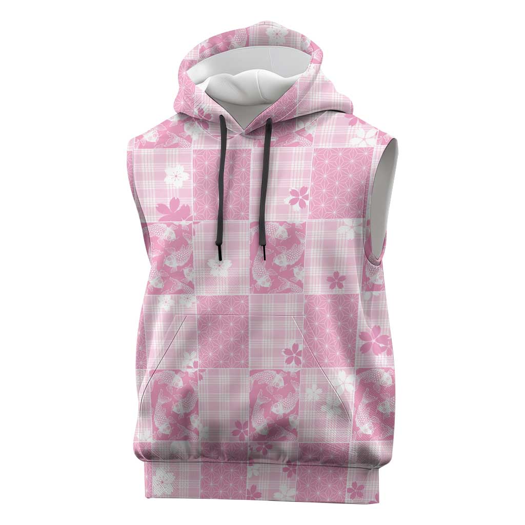Pink Palaka Japanese Patterns Sleeveless Hoodie Koi Fish Asanoha Sakura Patchwork Stylized LT14 Pink - Polynesian Pride