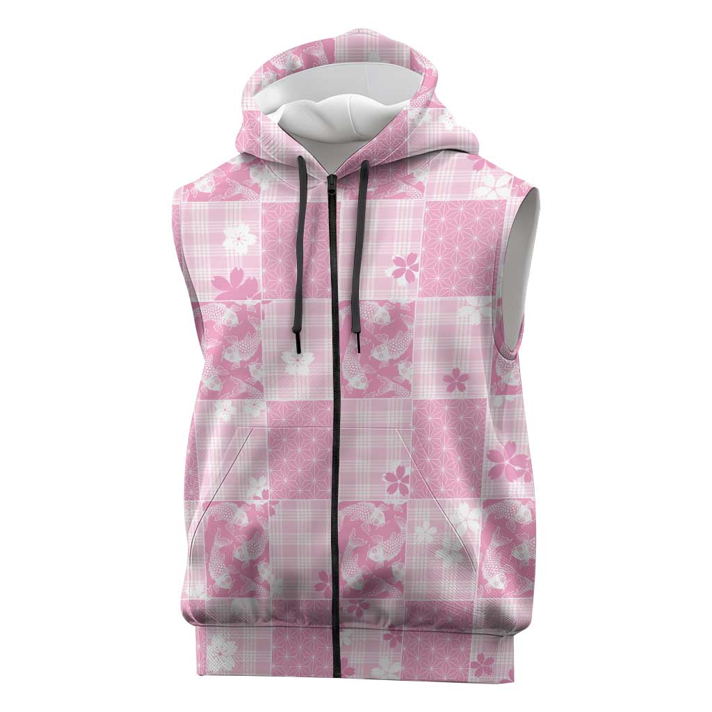 Pink Palaka Japanese Patterns Sleeveless Zip Hoodie Koi Fish Asanoha Sakura Patchwork Stylized LT14 Pink - Polynesian Pride