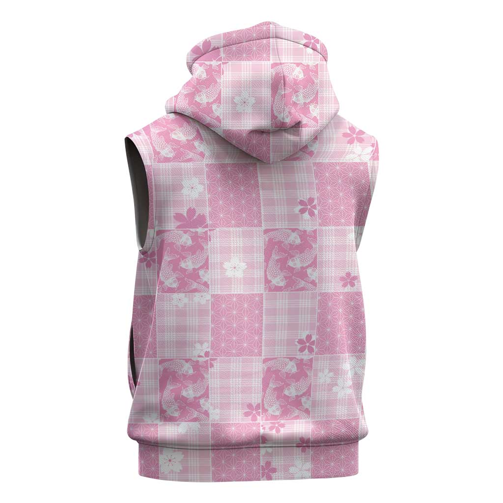 Pink Palaka Japanese Patterns Sleeveless Zip Hoodie Koi Fish Asanoha Sakura Patchwork Stylized LT14 - Polynesian Pride