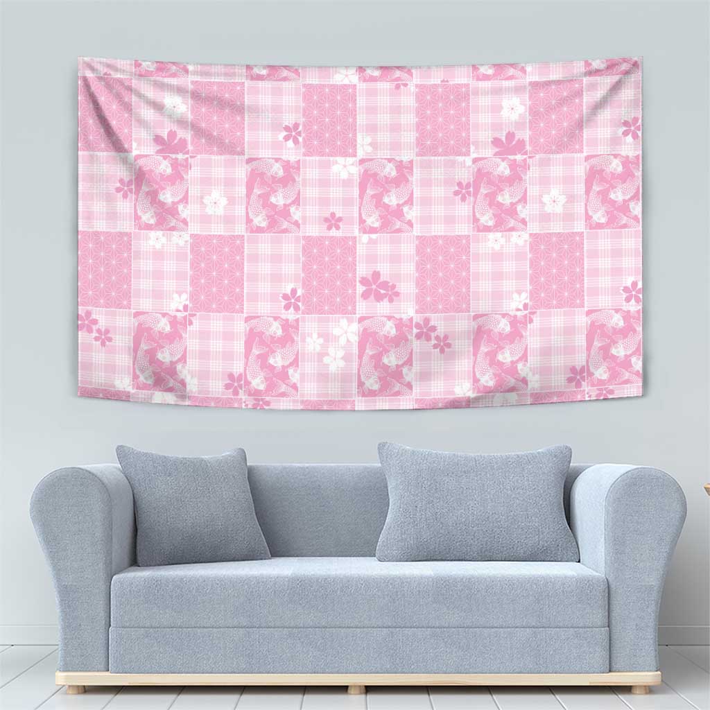 Pink Palaka Japanese Patterns Tapestry Koi Fish Asanoha Sakura Patchwork Stylized - Polynesian Pride