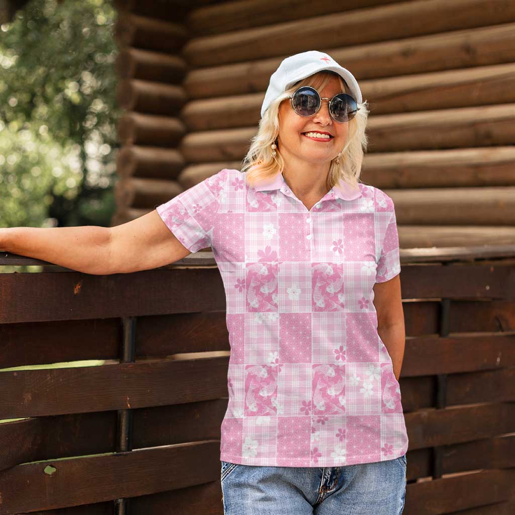 Pink Palaka Japanese Patterns Women Polo Shirt Koi Fish Asanoha Sakura Patchwork Stylized - Polynesian Pride