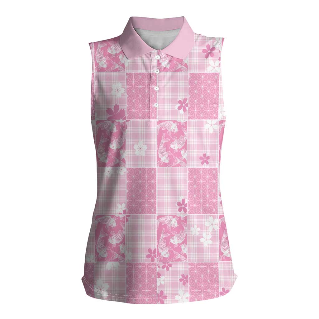 Pink Palaka Japanese Patterns Women Sleeveless Polo Shirt Koi Fish Asanoha Sakura Patchwork Stylized LT14 Female Pink - Polynesian Pride