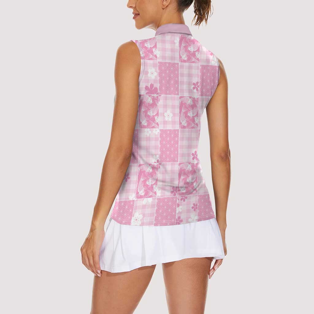 Pink Palaka Japanese Patterns Women Sleeveless Polo Shirt Koi Fish Asanoha Sakura Patchwork Stylized - Polynesian Pride