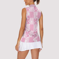 Pink Palaka Japanese Patterns Women Sleeveless Polo Shirt Koi Fish Asanoha Sakura Patchwork Stylized - Polynesian Pride