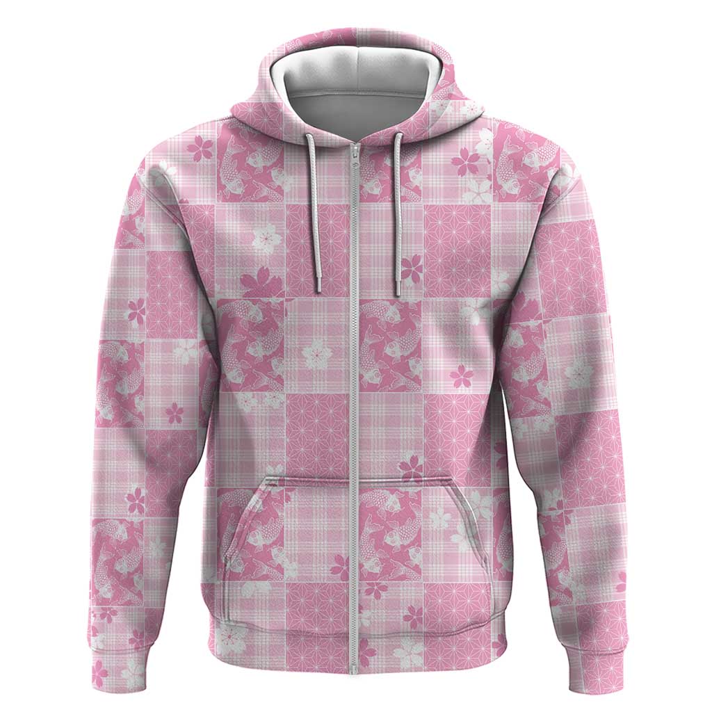 Pink Palaka Japanese Patterns Zip Hoodie Koi Fish Asanoha Sakura Patchwork Stylized LT14 Zip Hoodie Pink - Polynesian Pride