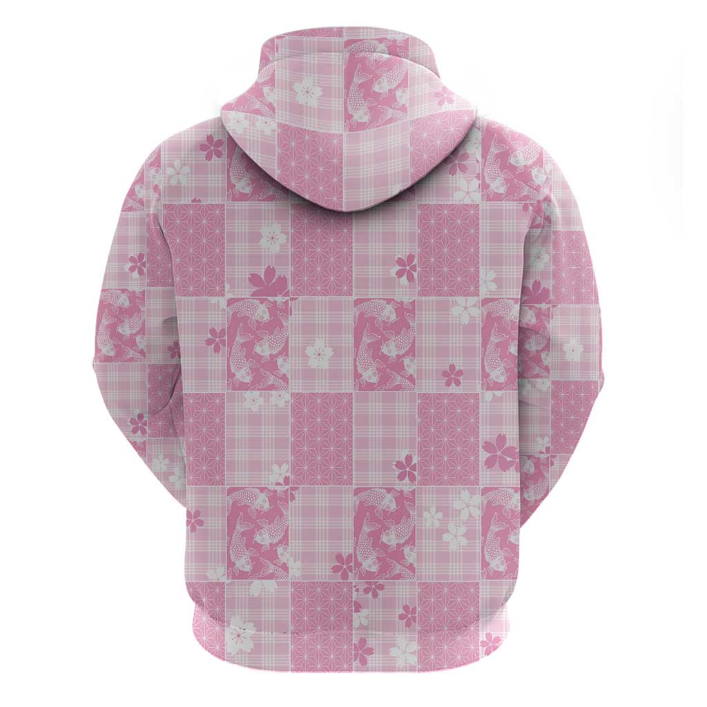 Pink Palaka Japanese Patterns Zip Hoodie Koi Fish Asanoha Sakura Patchwork Stylized LT14 - Polynesian Pride