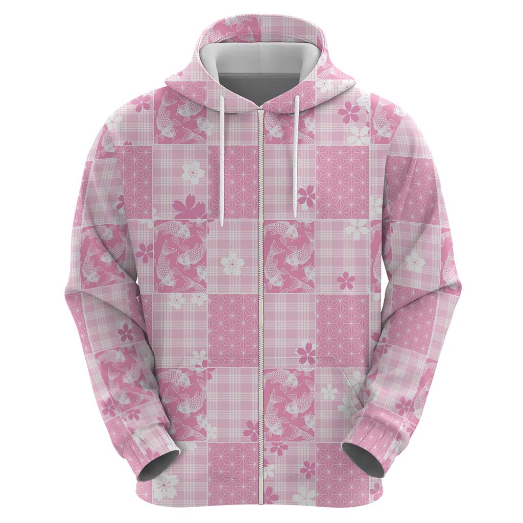 Pink Palaka Japanese Patterns Zip Hoodie Koi Fish Asanoha Sakura Patchwork Stylized LT14 - Polynesian Pride