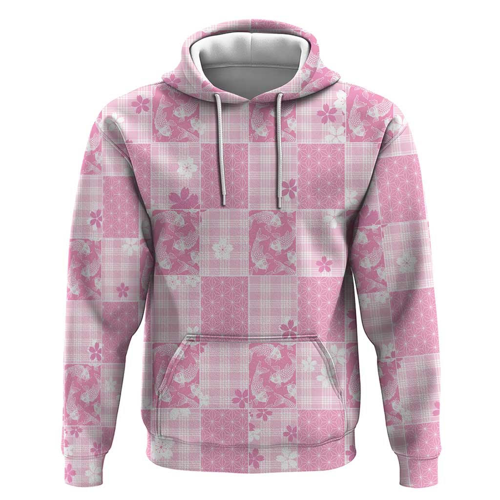 Pink Palaka Japanese Patterns Zip Hoodie Koi Fish Asanoha Sakura Patchwork Stylized LT14 Pullover Hoodie Pink - Polynesian Pride