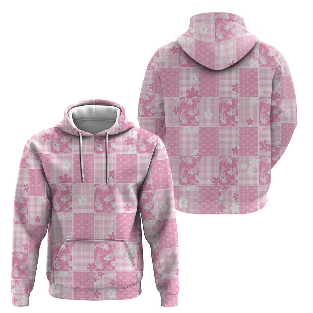 Pink Palaka Japanese Patterns Zip Hoodie Koi Fish Asanoha Sakura Patchwork Stylized LT14 - Polynesian Pride