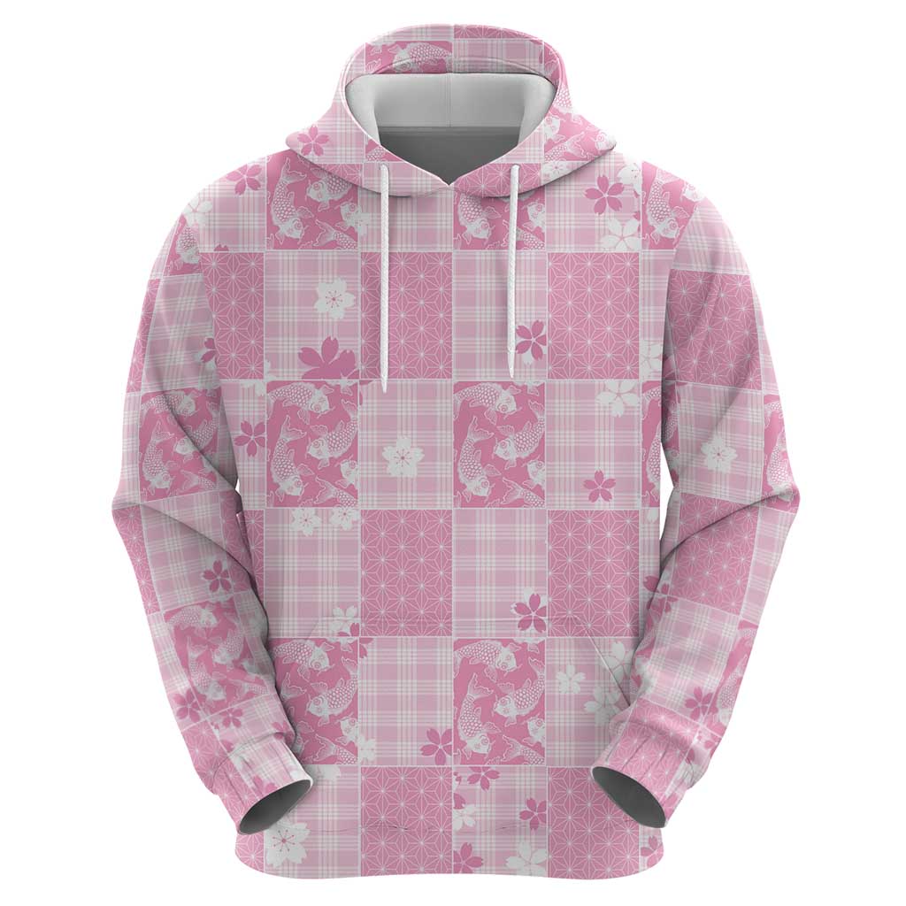 Pink Palaka Japanese Patterns Zip Hoodie Koi Fish Asanoha Sakura Patchwork Stylized LT14 - Polynesian Pride