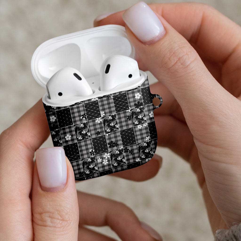 Black Palaka Japanese Patterns AirPods Case Koi Fish Asanoha Sakura Patchwork Stylized - Polynesian Pride