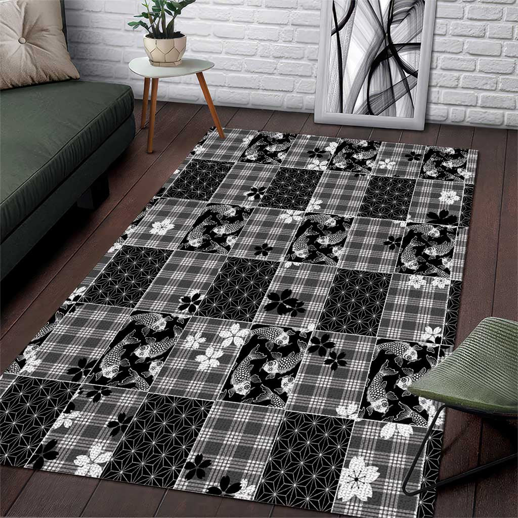 Black Palaka Japanese Patterns Area Rug Koi Fish Asanoha Sakura Patchwork Stylized LT14 Black - Polynesian Pride