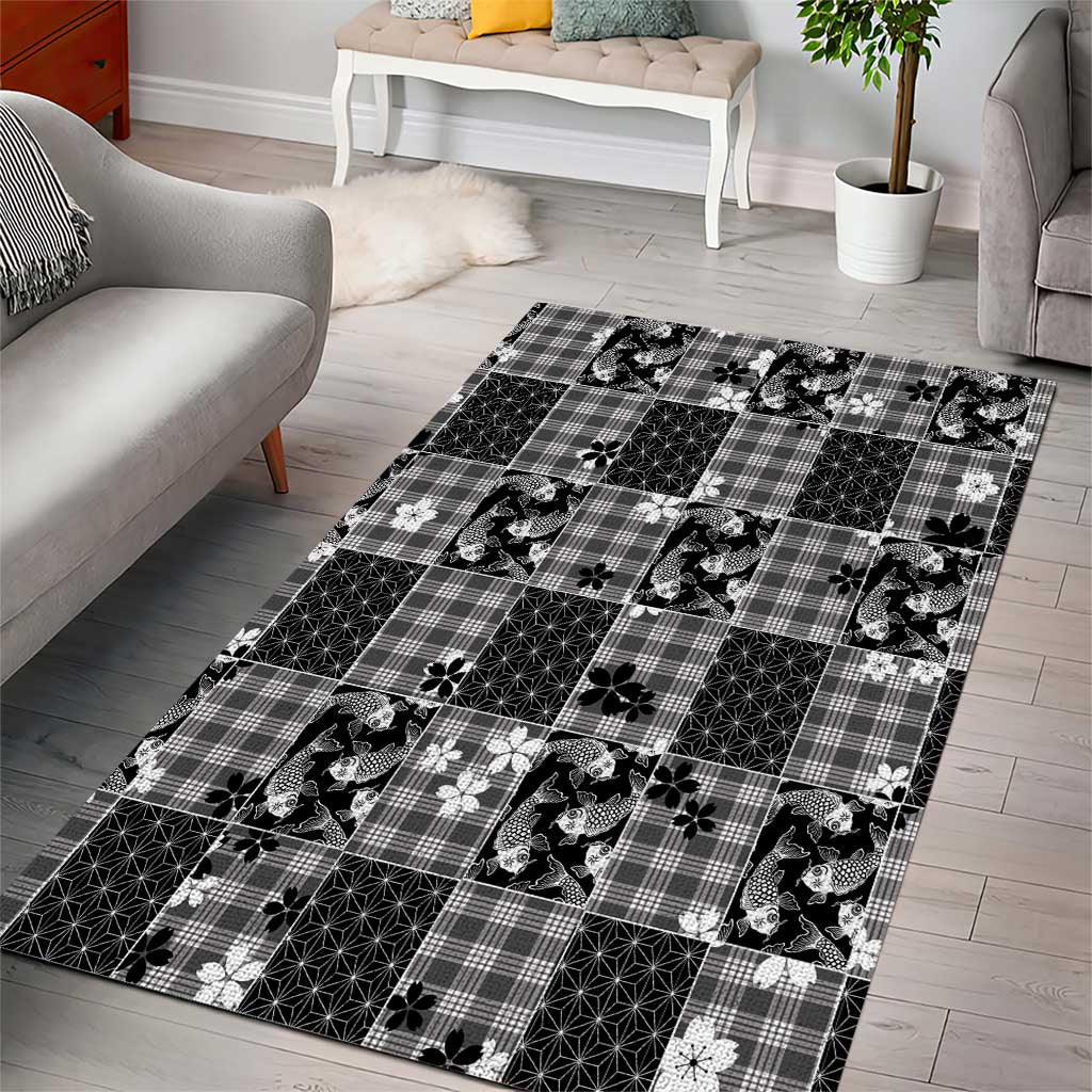 Black Palaka Japanese Patterns Area Rug Koi Fish Asanoha Sakura Patchwork Stylized LT14 - Polynesian Pride