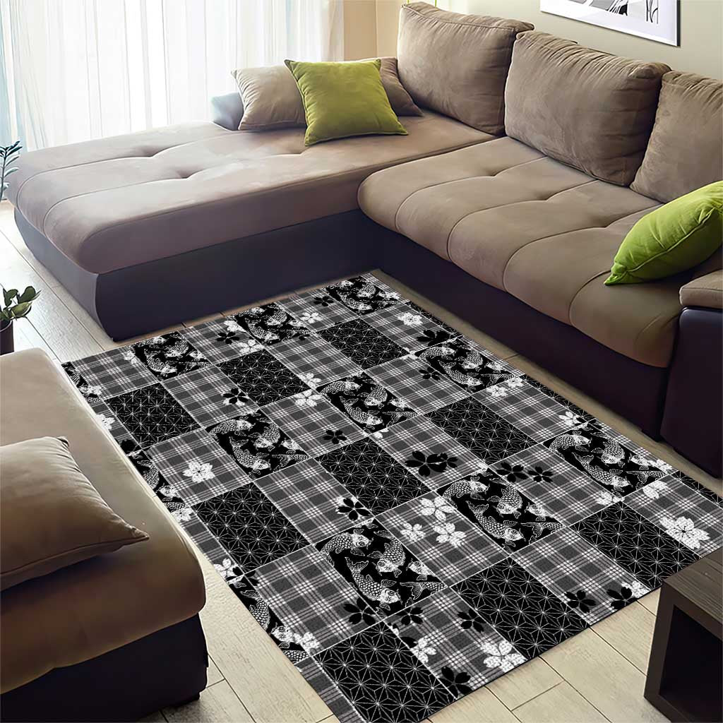 Black Palaka Japanese Patterns Area Rug Koi Fish Asanoha Sakura Patchwork Stylized LT14 - Polynesian Pride