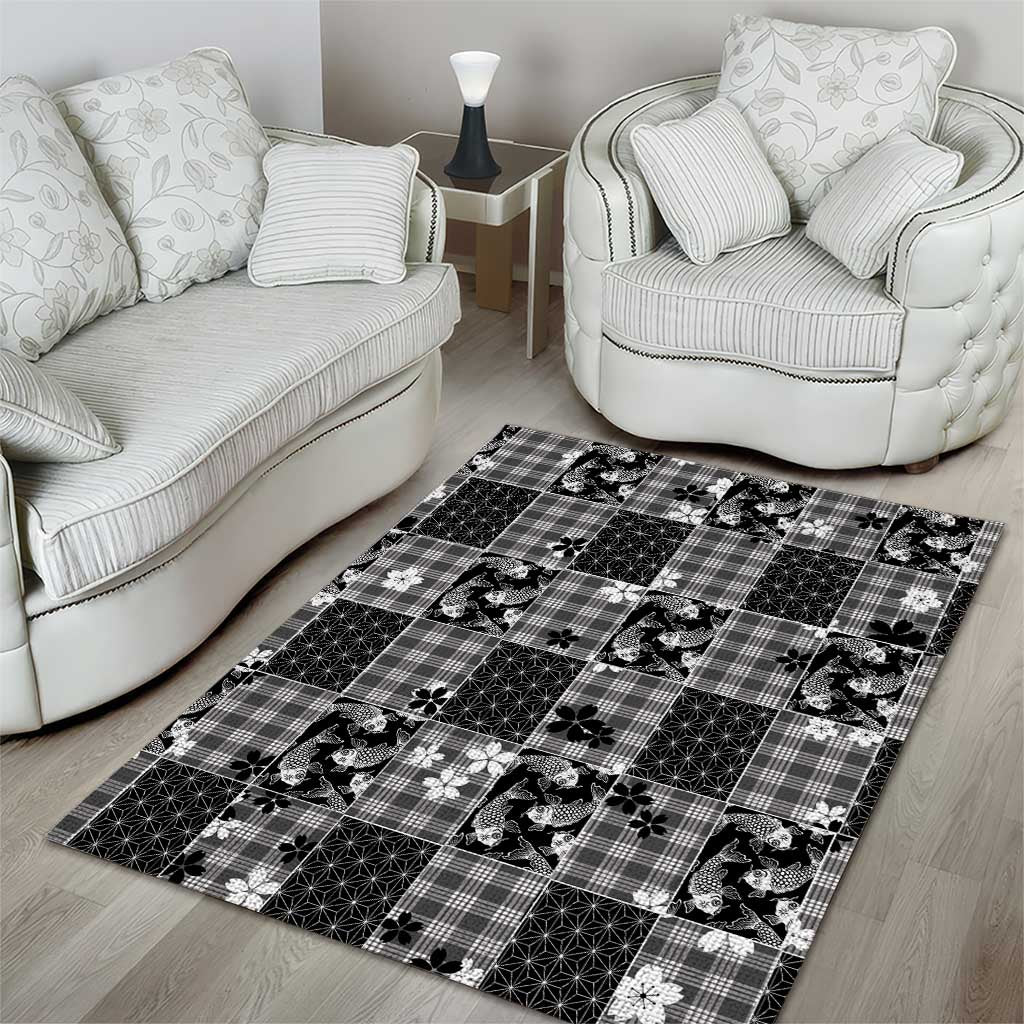 Black Palaka Japanese Patterns Area Rug Koi Fish Asanoha Sakura Patchwork Stylized LT14 - Polynesian Pride