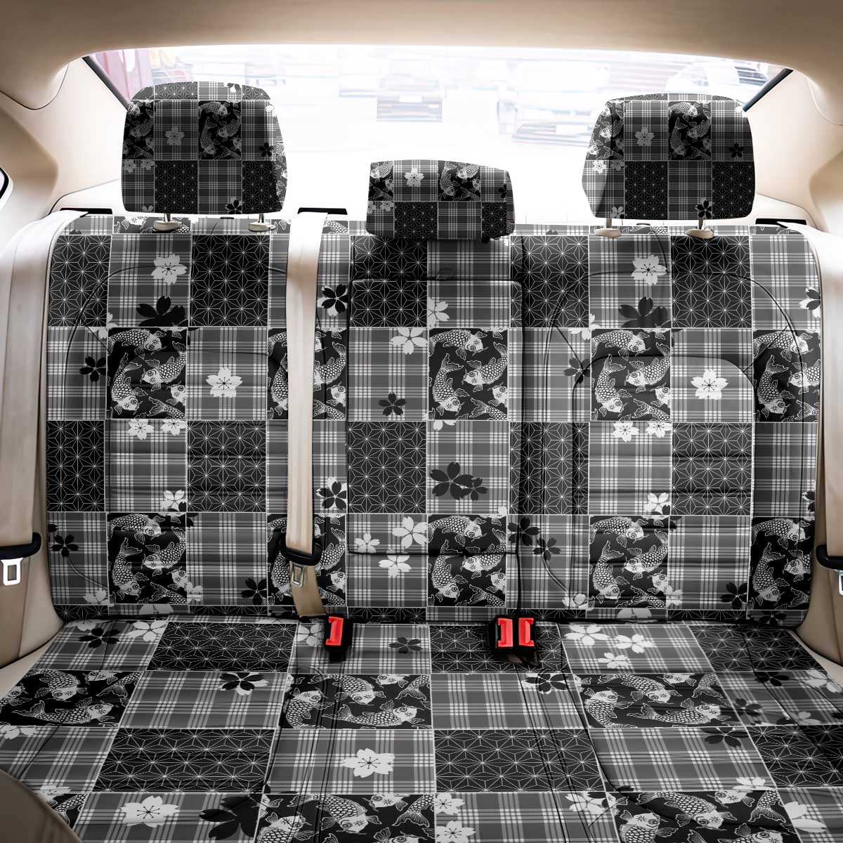 Black Palaka Japanese Patterns Back Car Seat Cover Koi Fish Asanoha Sakura Patchwork Stylized - Polynesian Pride