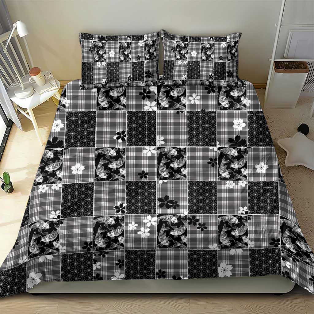 Black Palaka Japanese Patterns Bedding Set Koi Fish Asanoha Sakura Patchwork Stylized - Polynesian Pride