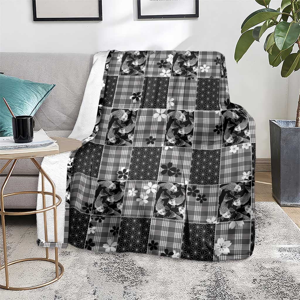 Black Palaka Japanese Patterns Blanket Koi Fish Asanoha Sakura Patchwork Stylized - Polynesian Pride