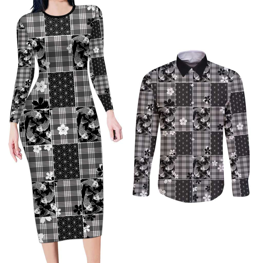 Black Palaka Japanese Patterns Couples Matching Long Sleeve Bodycon Dress and Long Sleeve Button Shirt Koi Fish Asanoha Sakura Patchwork Stylized LT14 Black - Polynesian Pride