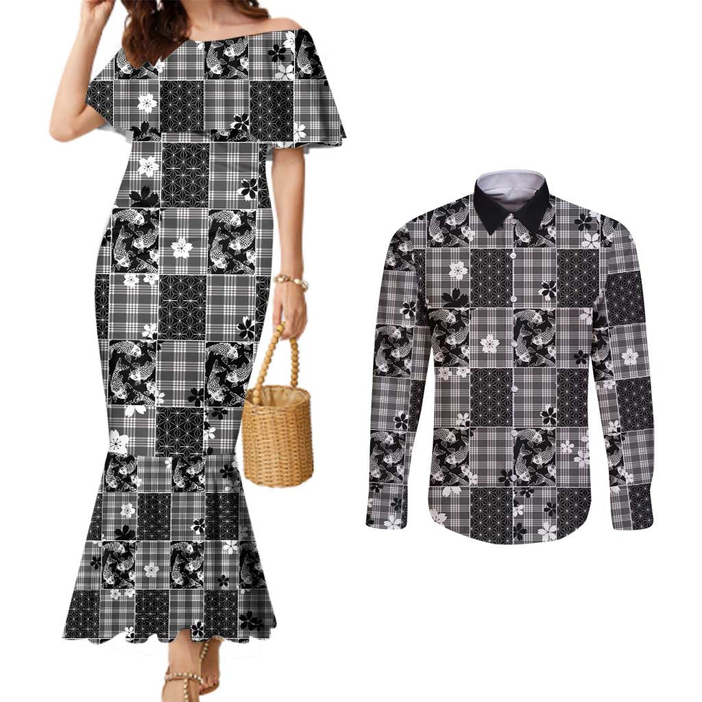 Black Palaka Japanese Patterns Couples Matching Mermaid Dress and Long Sleeve Button Shirt Koi Fish Asanoha Sakura Patchwork Stylized LT14 Black - Polynesian Pride