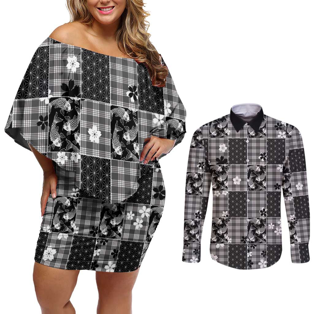 Black Palaka Japanese Patterns Couples Matching Off Shoulder Short Dress and Long Sleeve Button Shirt Koi Fish Asanoha Sakura Patchwork Stylized LT14 Black - Polynesian Pride