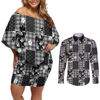 Black Palaka Japanese Patterns Couples Matching Off Shoulder Short Dress and Long Sleeve Button Shirt Koi Fish Asanoha Sakura Patchwork Stylized - Polynesian Pride