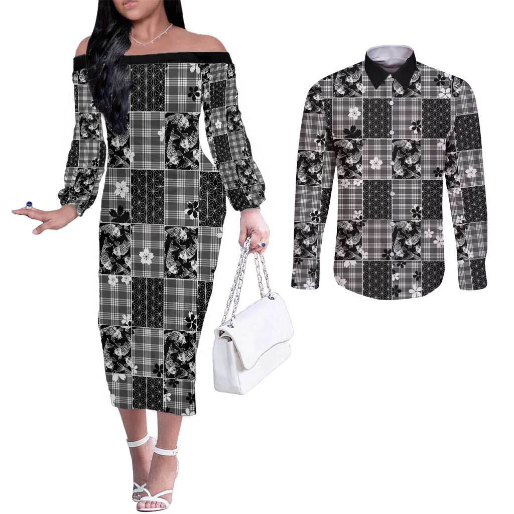 Black Palaka Japanese Patterns Couples Matching Off The Shoulder Long Sleeve Dress and Long Sleeve Button Shirt Koi Fish Asanoha Sakura Patchwork Stylized LT14 Black - Polynesian Pride