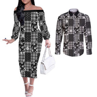 Black Palaka Japanese Patterns Couples Matching Off The Shoulder Long Sleeve Dress and Long Sleeve Button Shirt Koi Fish Asanoha Sakura Patchwork Stylized LT14 Black - Polynesian Pride