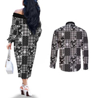 Black Palaka Japanese Patterns Couples Matching Off The Shoulder Long Sleeve Dress and Long Sleeve Button Shirt Koi Fish Asanoha Sakura Patchwork Stylized LT14 - Polynesian Pride