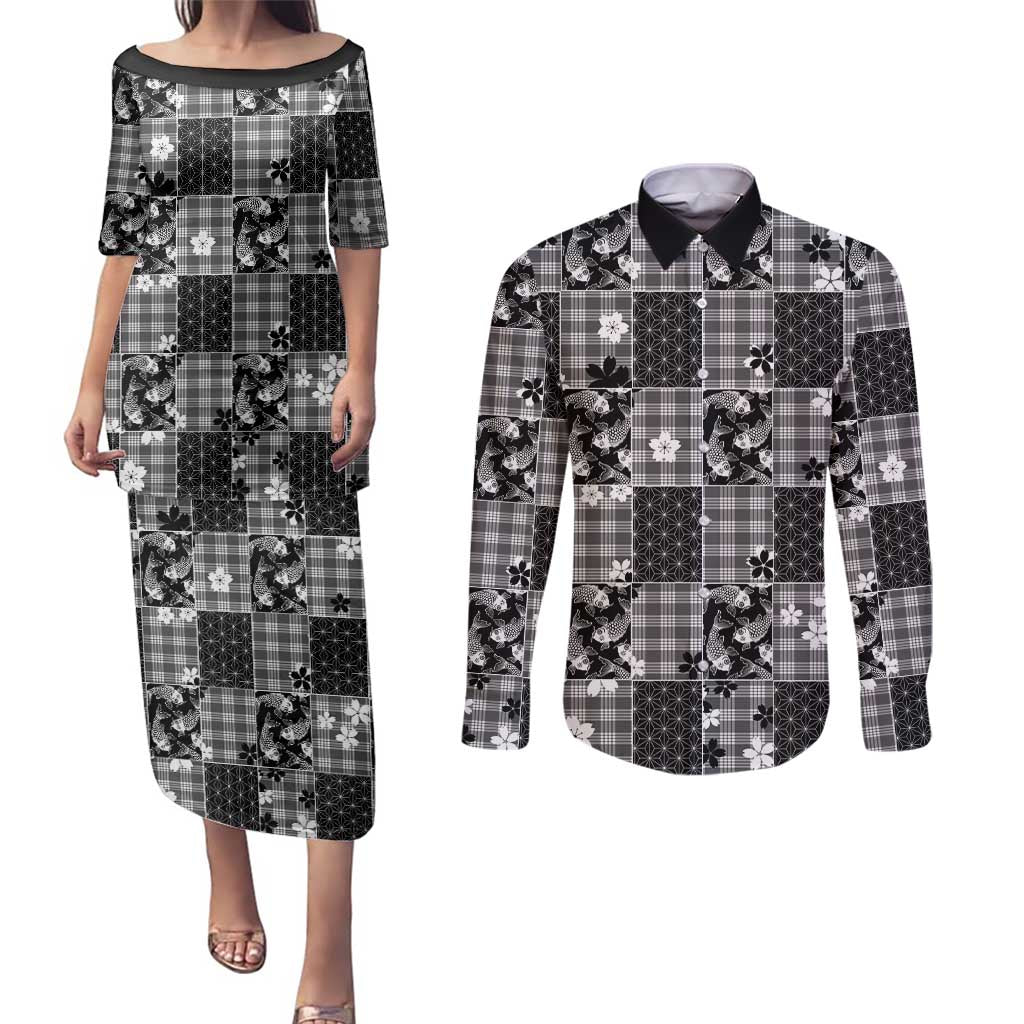 Black Palaka Japanese Patterns Couples Matching Puletasi and Long Sleeve Button Shirt Koi Fish Asanoha Sakura Patchwork Stylized LT14 Black - Polynesian Pride