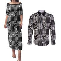 Black Palaka Japanese Patterns Couples Matching Puletasi and Long Sleeve Button Shirt Koi Fish Asanoha Sakura Patchwork Stylized LT14 Black - Polynesian Pride