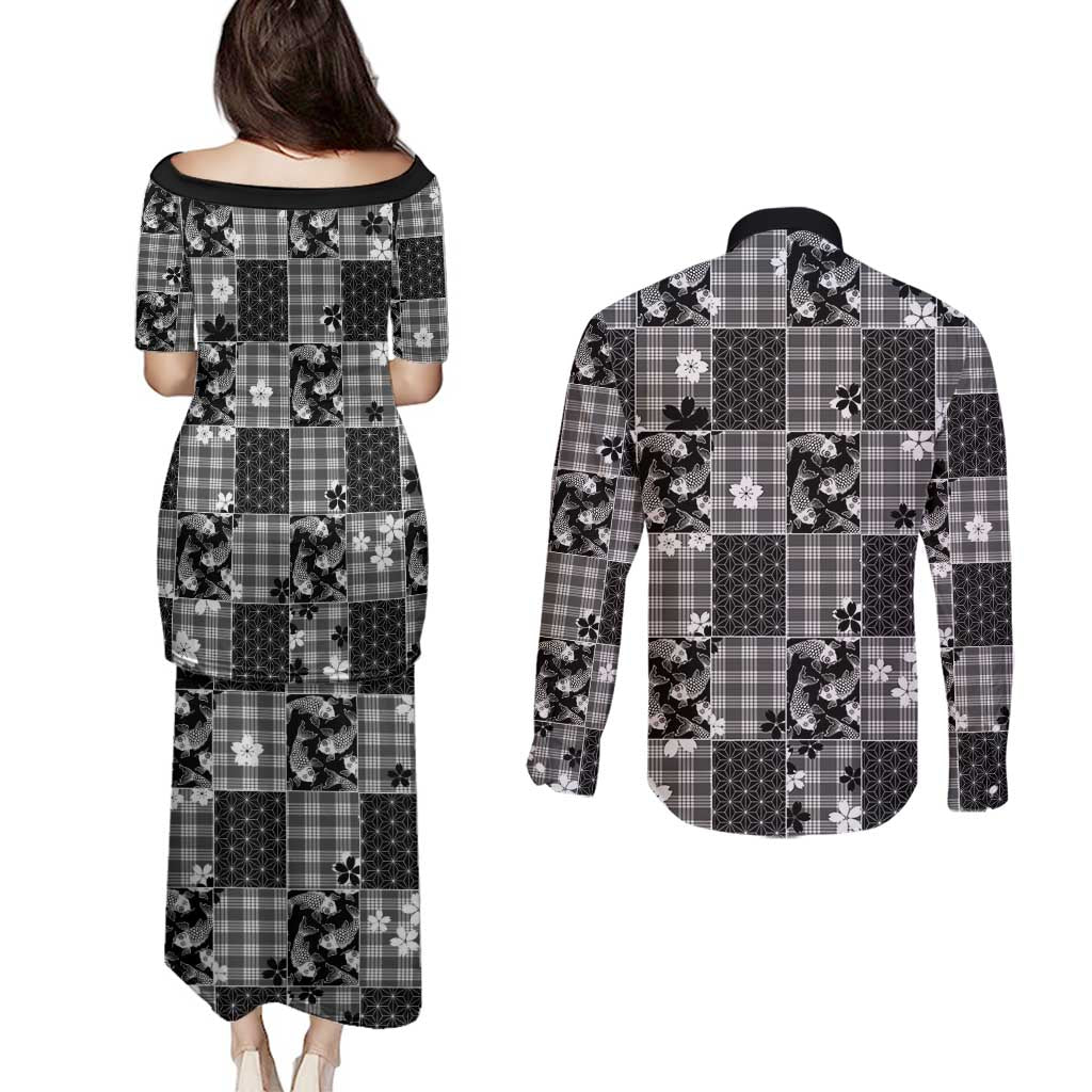 Black Palaka Japanese Patterns Couples Matching Puletasi and Long Sleeve Button Shirt Koi Fish Asanoha Sakura Patchwork Stylized LT14 - Polynesian Pride