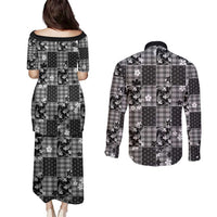 Black Palaka Japanese Patterns Couples Matching Puletasi and Long Sleeve Button Shirt Koi Fish Asanoha Sakura Patchwork Stylized LT14 - Polynesian Pride