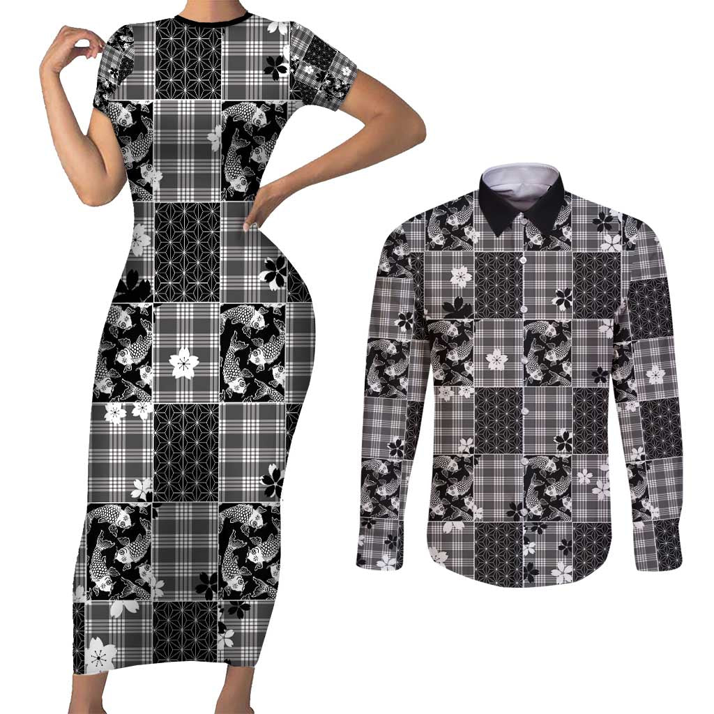 Black Palaka Japanese Patterns Couples Matching Short Sleeve Bodycon Dress and Long Sleeve Button Shirt Koi Fish Asanoha Sakura Patchwork Stylized LT14 Black - Polynesian Pride