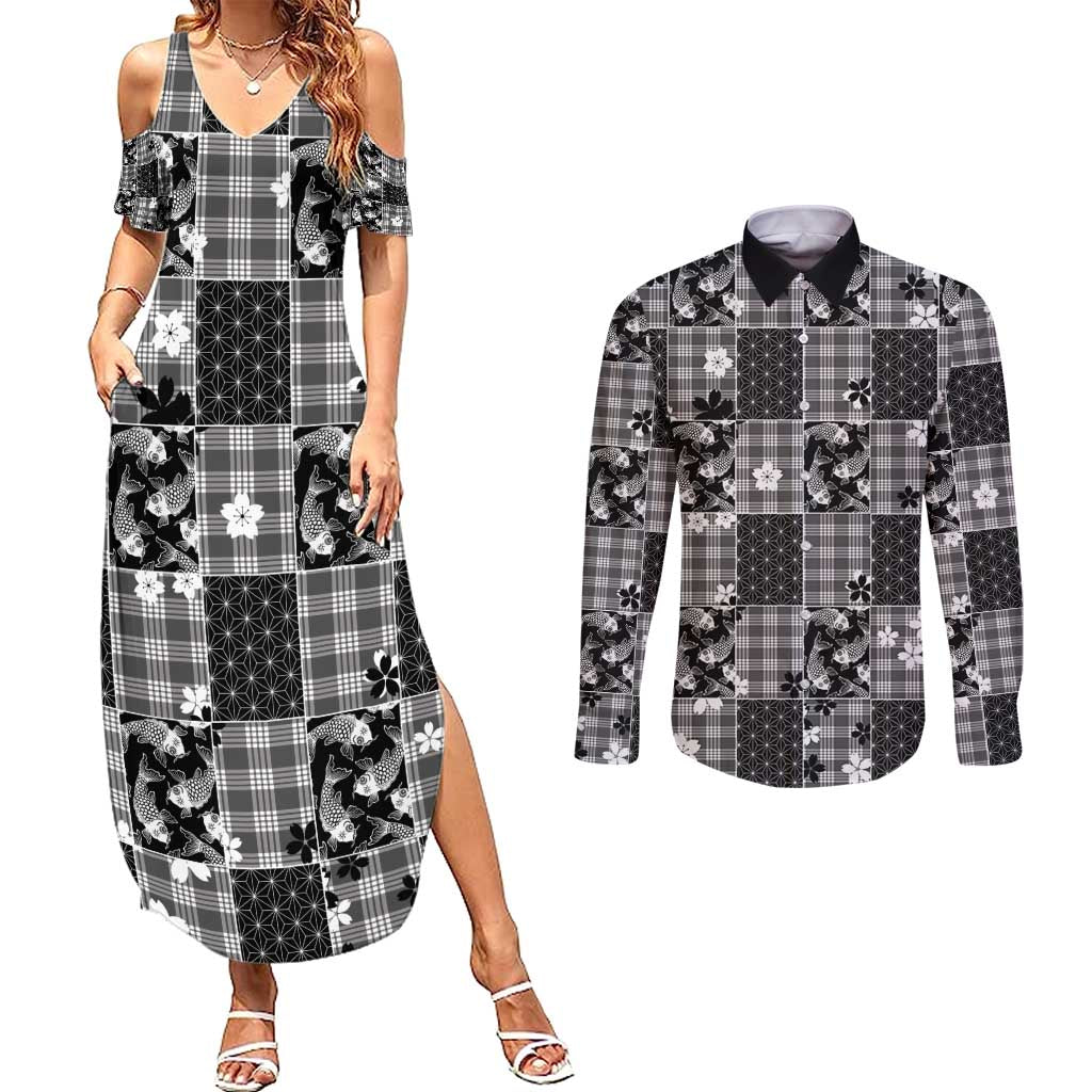 Black Palaka Japanese Patterns Couples Matching Summer Maxi Dress and Long Sleeve Button Shirt Koi Fish Asanoha Sakura Patchwork Stylized LT14 Black - Polynesian Pride